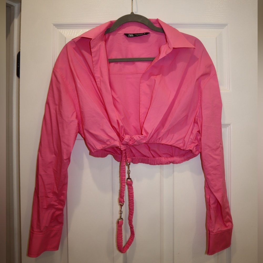 Zara Size M Cropped, Collared Pink Shirt